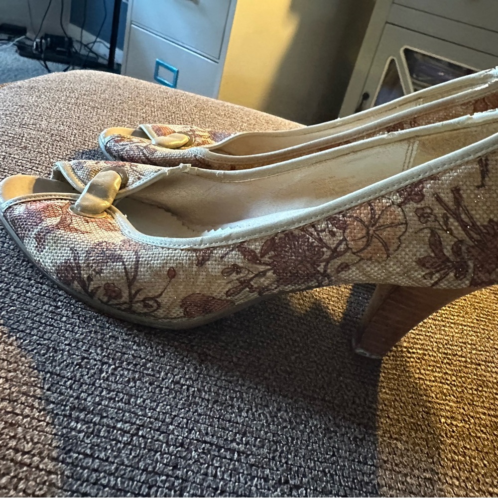 Laura Ashley Beige and Burgundy Floral Peep-Toe Heels